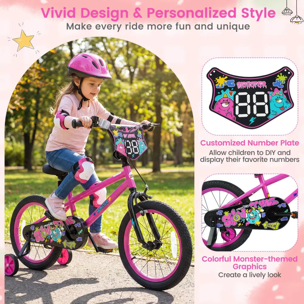 16 Inch Kids Bike with Training Wheels for Ages 4-7 Years Old Pink- Street Art Time - Pink - Kids Bike