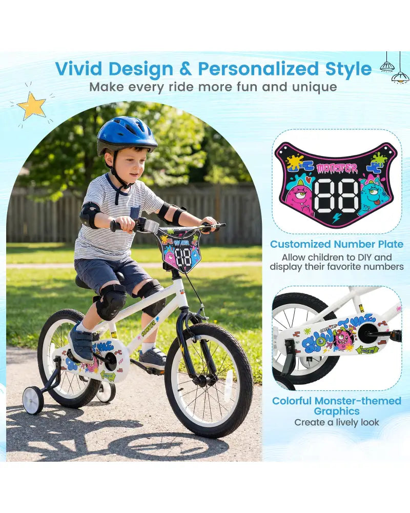 16 Inch Kids Bike with Training Wheels for Ages 4-7 Years Old White- Street Art Time - White - Kids Bike