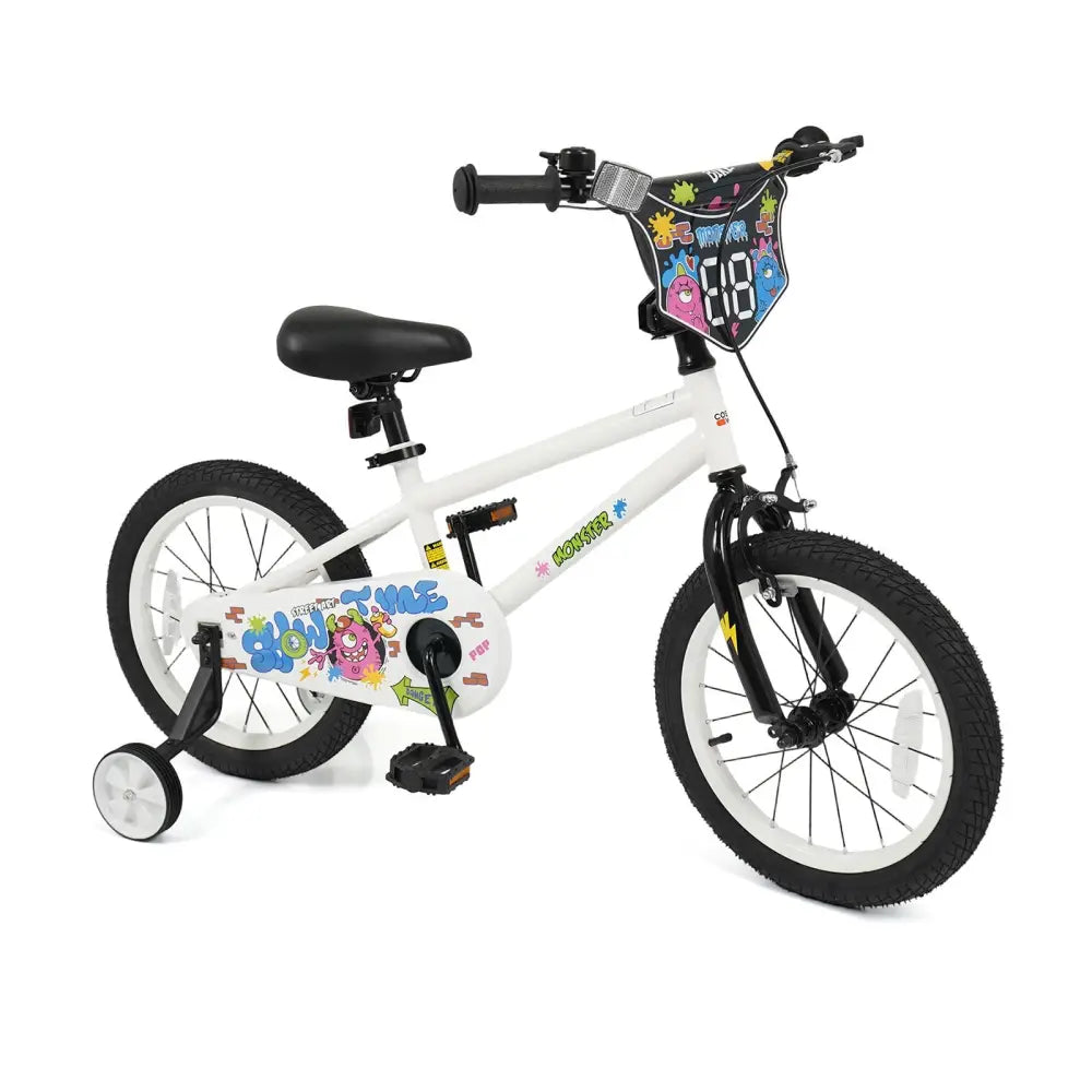 16 Inch Kids Bike with Training Wheels for Ages 4-7 Years Old White- Street Art Time - White - Kids Bike