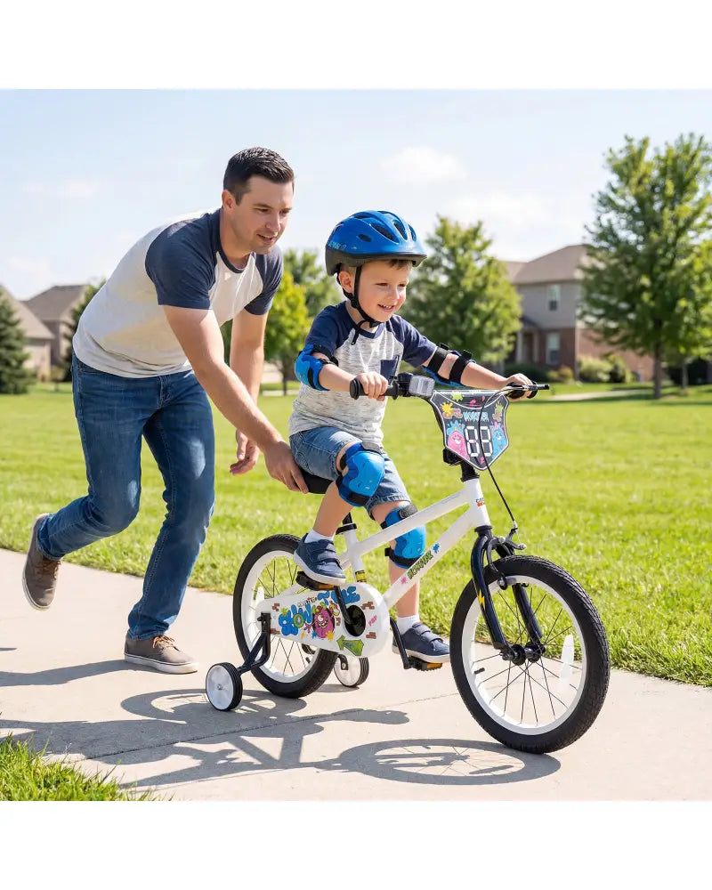 16 Inch Kids Bike with Training Wheels for Ages 4-7 Years Old White- Street Art Time - White - Kids Bike