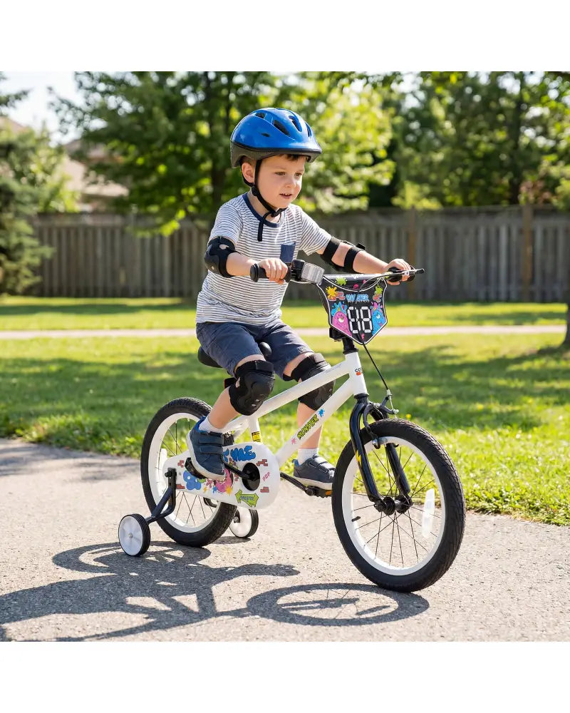 16 Inch Kids Bike with Training Wheels for Ages 4-7 Years Old White- Street Art Time - White - Kids Bike