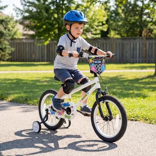 16 Inch Kids Bike with Training Wheels for Ages 4-7 Years Old White- Street Art Time - White - Kids Bike