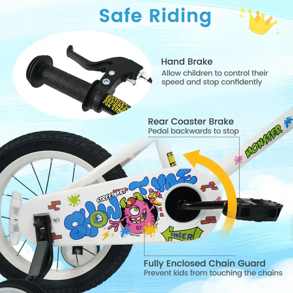 16 Inch Kids Bike with Training Wheels for Ages 4-7 Years Old White- Street Art Time - White - Kids Bike