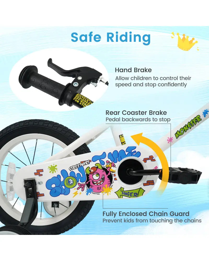 16 Inch Kids Bike with Training Wheels for Ages 4-7 Years Old White- Street Art Time - White - Kids Bike