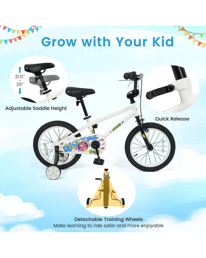 16 Inch Kids Bike with Training Wheels for Ages 4-7 Years Old White- Street Art Time - White - Kids Bike