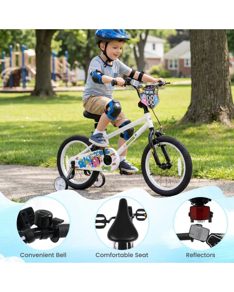 16 Inch Kids Bike with Training Wheels for Ages 4-7 Years Old White- Street Art Time - White - Kids Bike