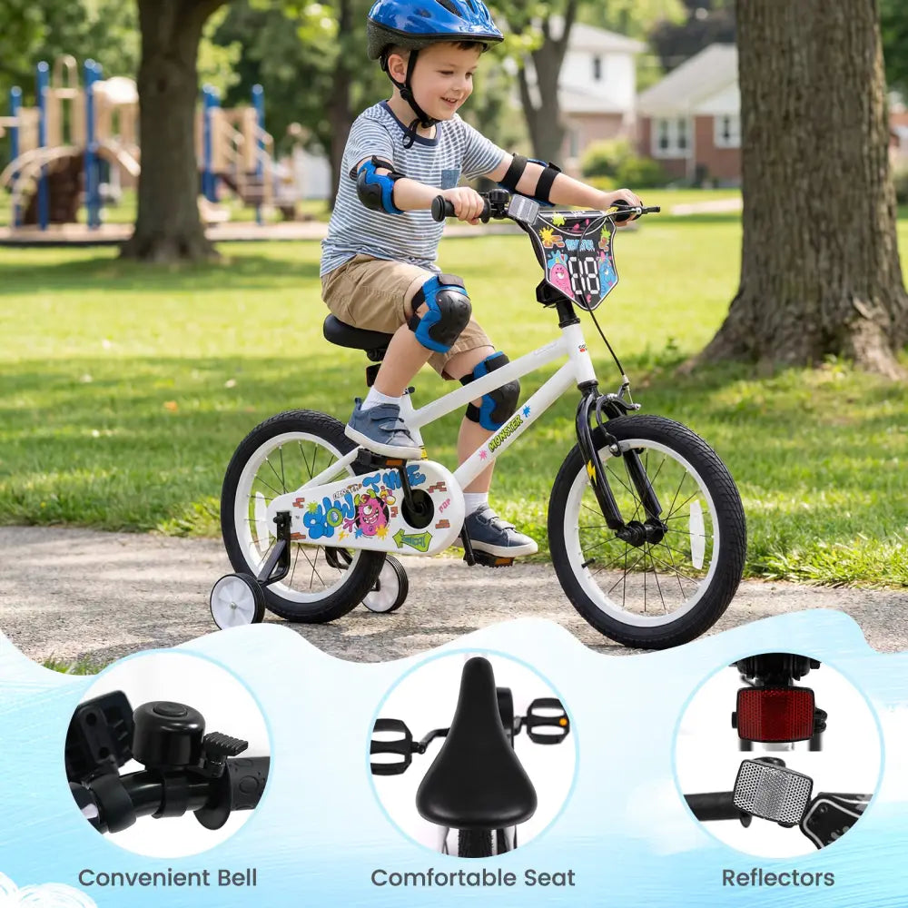16 Inch Kids Bike with Training Wheels for Ages 4-7 Years Old White- Street Art Time - White - Kids Bike