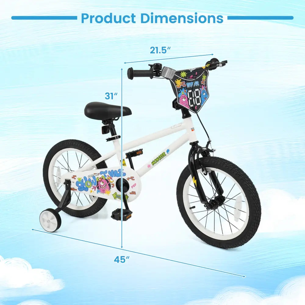16 Inch Kids Bike with Training Wheels for Ages 4-7 Years Old White- Street Art Time - White - Kids Bike