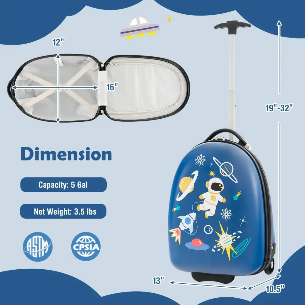 16 Inch Kids Carry-On Luggage Hard Shell Suitcase with Wheels-Blue - Blue - Kids Luggage