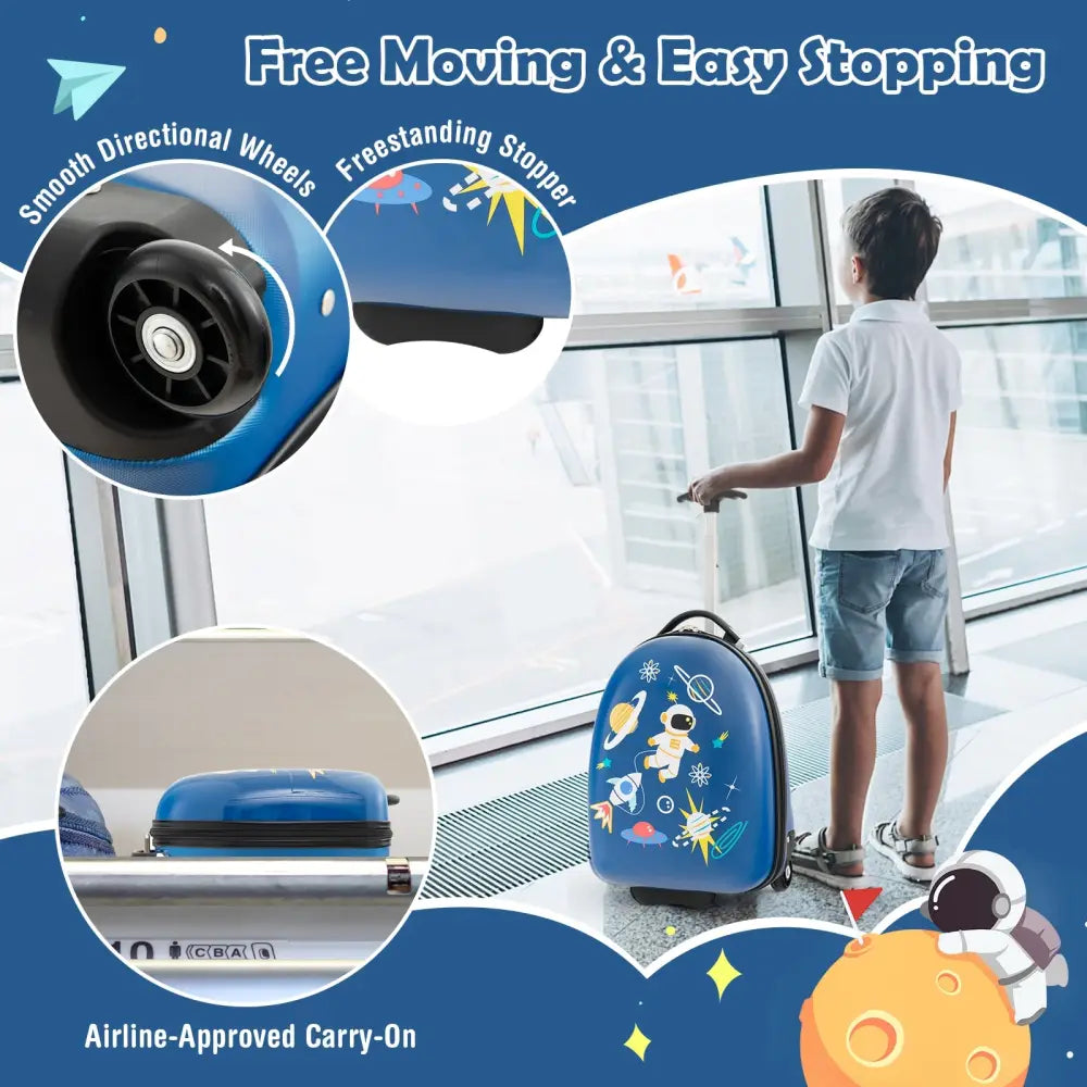 16 Inch Kids Carry-On Luggage Hard Shell Suitcase with Wheels-Blue - Blue - Kids Luggage