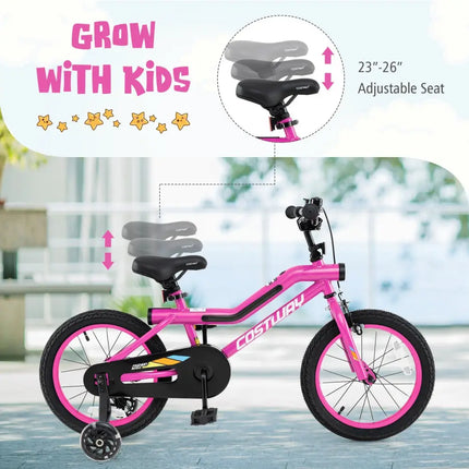 16 Inch LED Lighted Kids Bike with Training Wheels and Headlight for Ages 4-7 Years-16 inches - Pink - Kids Bike