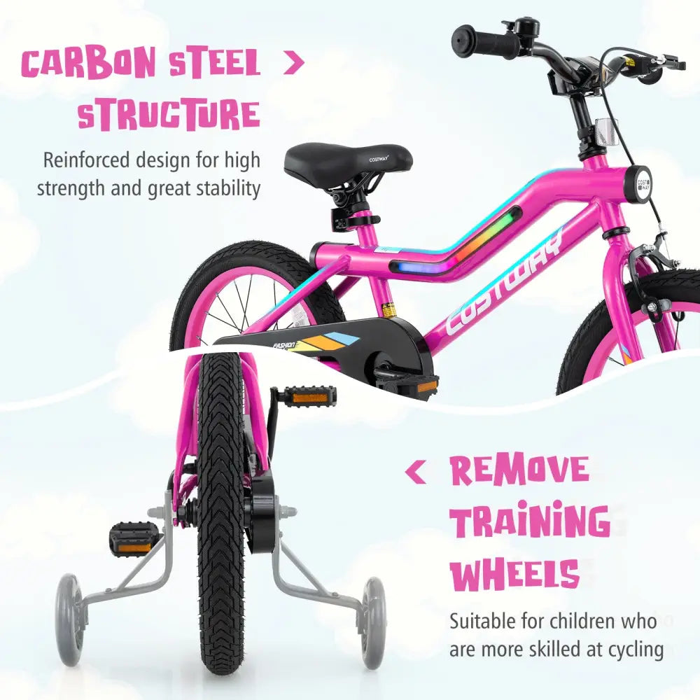 16 Inch LED Lighted Kids Bike with Training Wheels and Headlight for Ages 4-7 Years-16 inches - Pink - Kids Bike