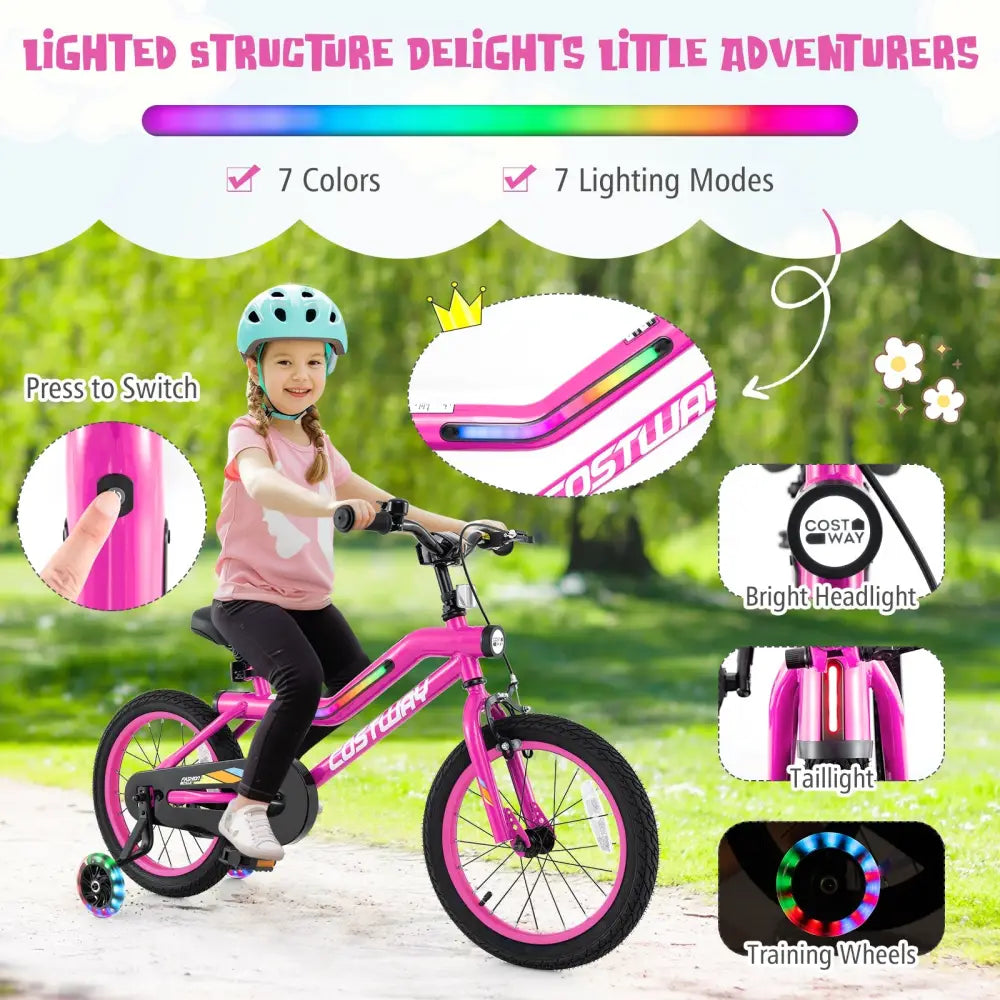 16 Inch LED Lighted Kids Bike with Training Wheels and Headlight for Ages 4-7 Years-16 inches - Pink - Kids Bike