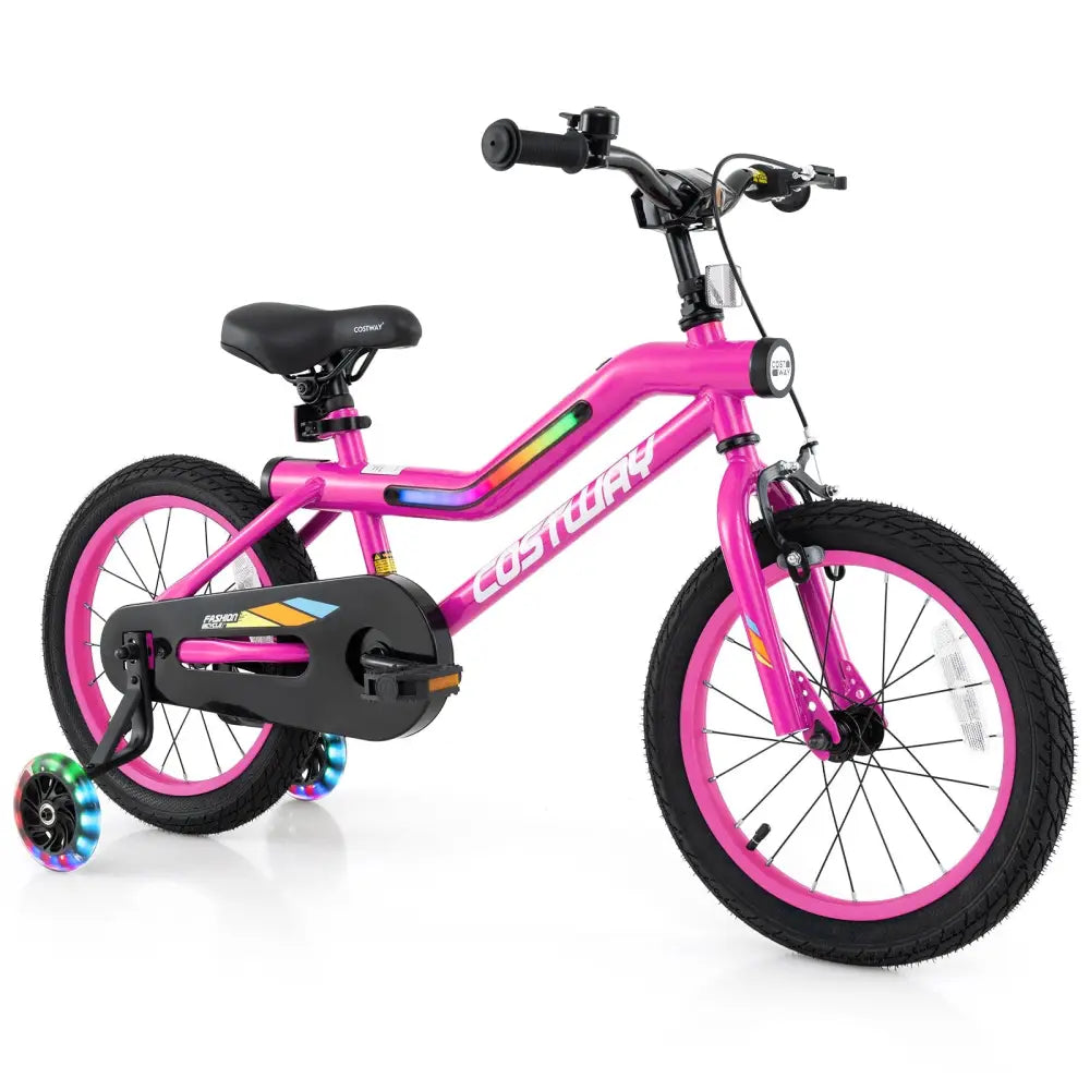 16 Inch LED Lighted Kids Bike with Training Wheels and Headlight for Ages 4-7 Years-16 inches - Pink - Kids Bike