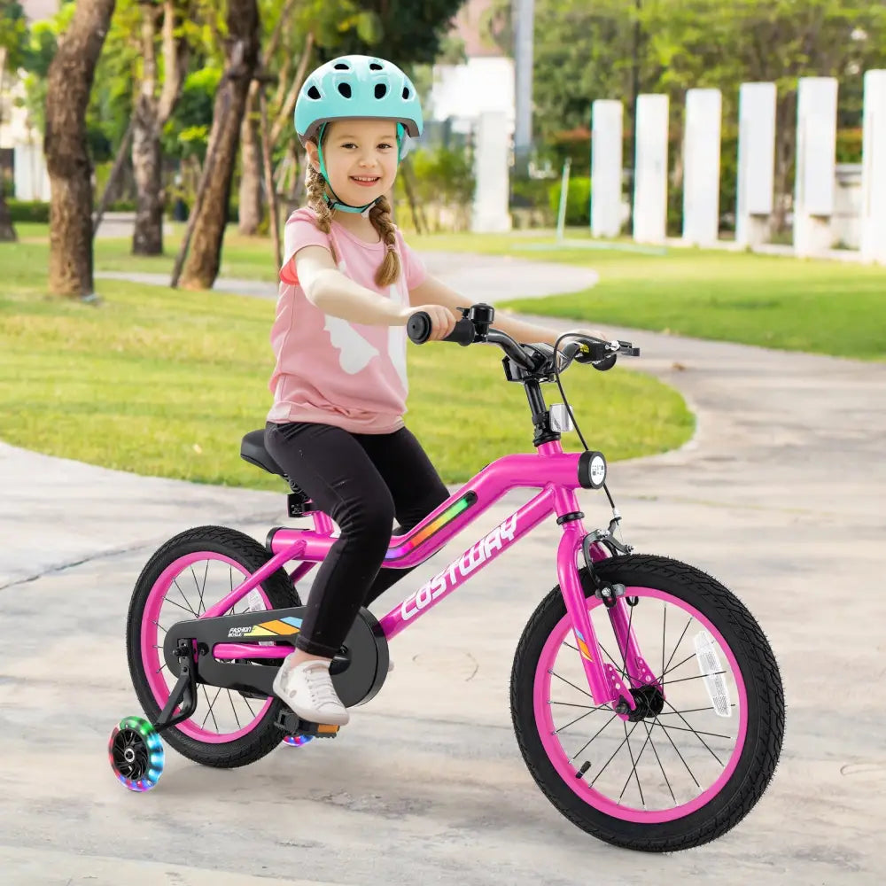 16 Inch LED Lighted Kids Bike with Training Wheels and Headlight for Ages 4-7 Years-16 inches - Pink - Kids Bike