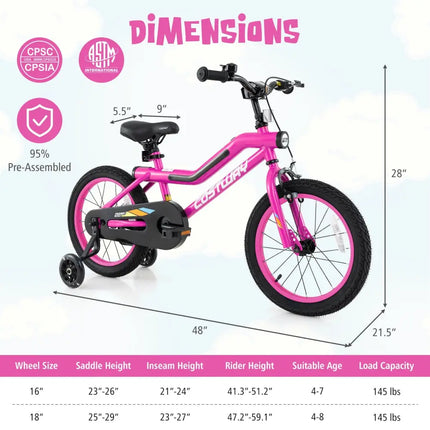 16 Inch LED Lighted Kids Bike with Training Wheels and Headlight for Ages 4-7 Years-16 inches - Pink - Kids Bike
