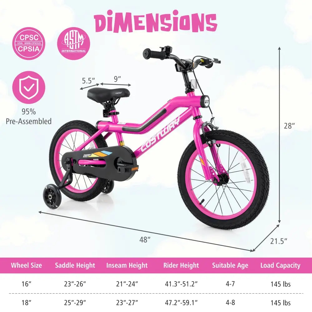16 Inch LED Lighted Kids Bike with Training Wheels and Headlight for Ages 4-7 Years-16 inches - Pink - Kids Bike