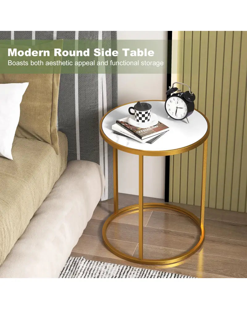 16 Inch Marble Top Round Side Table with Golden Metal Frame for Living Room Bedroom-Set of 2 - Golden - End & Side