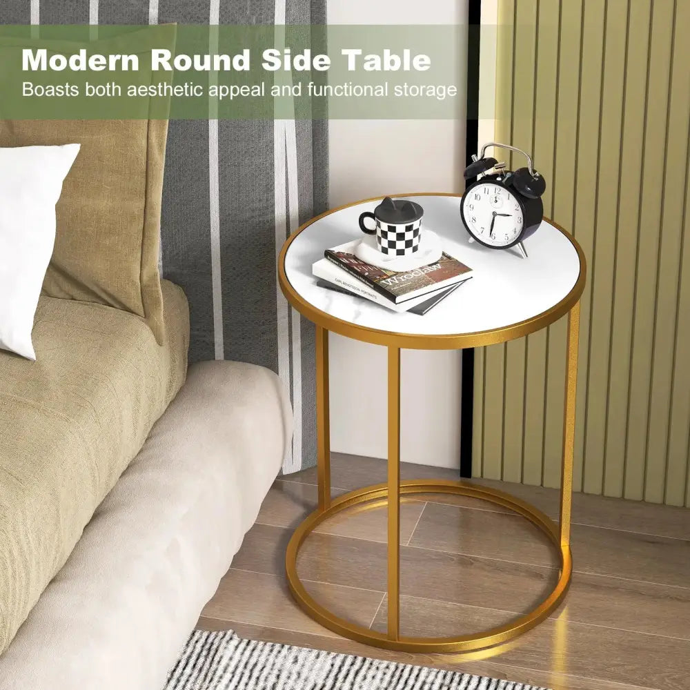 16 Inch Marble Top Round Side Table with Golden Metal Frame for Living Room Bedroom-Set of 2 Costway