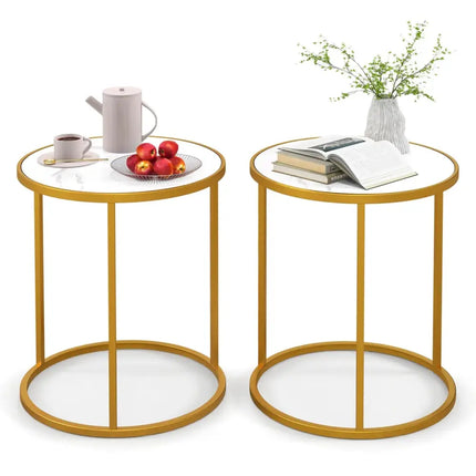 16 Inch Marble Top Round Side Table with Golden Metal Frame for Living Room Bedroom-Set of 2 Costway
