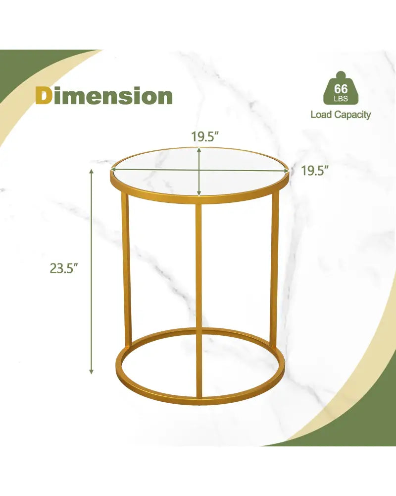 16 Inch Marble Top Round Side Table with Golden Metal Frame for Living Room Bedroom-Set of 2 - Golden - End & Side