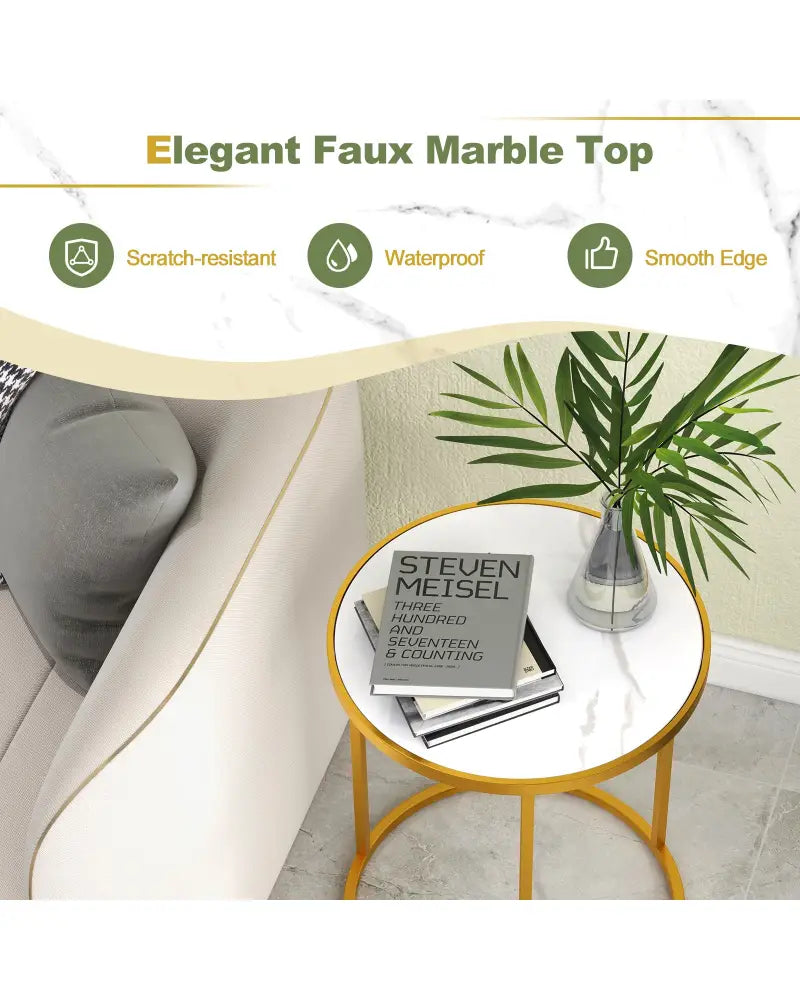 16 Inch Marble Top Round Side Table with Golden Metal Frame for Living Room Bedroom-Set of 2 - Golden - End & Side