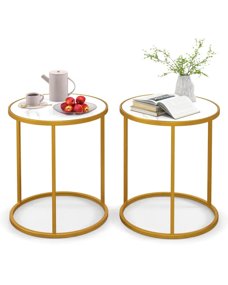 16 Inch Marble Top Round Side Table with Golden Metal Frame for Living Room Bedroom-Set of 2 - Golden - End & Side