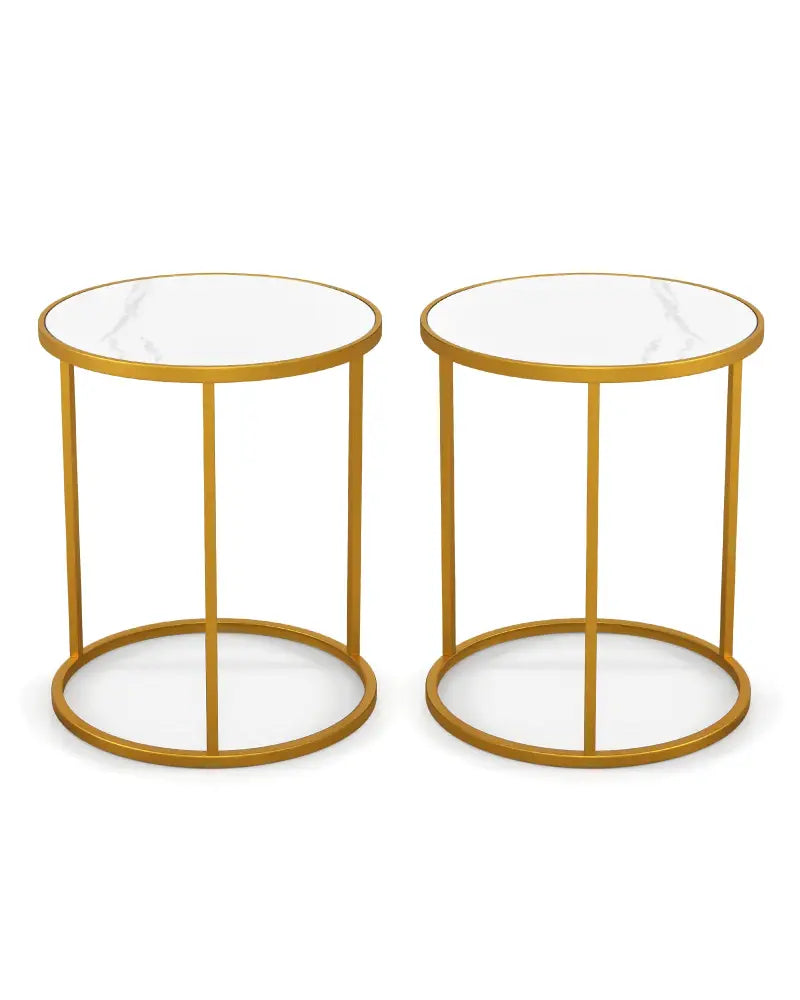16 Inch Marble Top Round Side Table with Golden Metal Frame for Living Room Bedroom-Set of 2 - Golden - End & Side