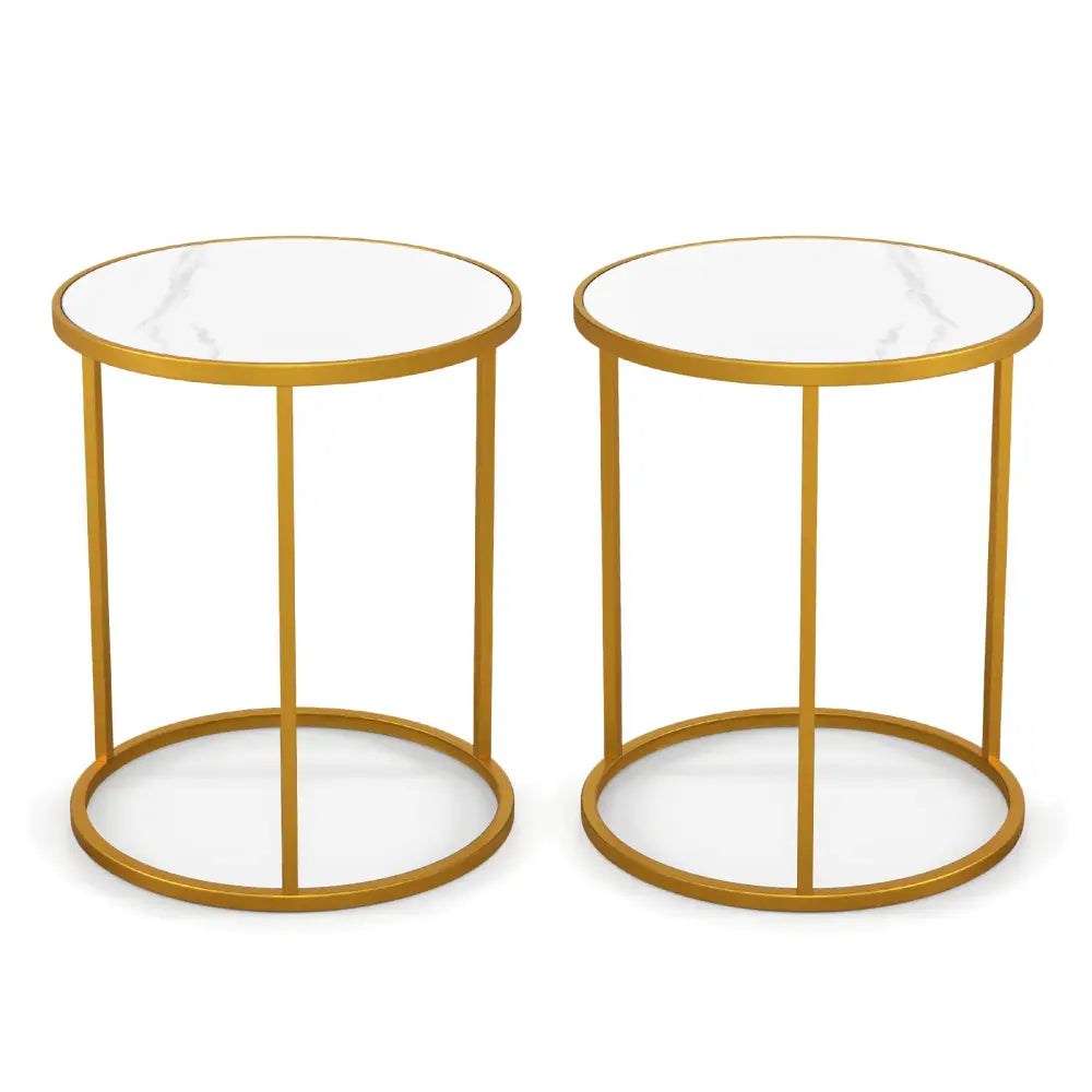 16 Inch Marble Top Round Side Table with Golden Metal Frame for Living Room Bedroom-Set of 2 - Golden - End & Side