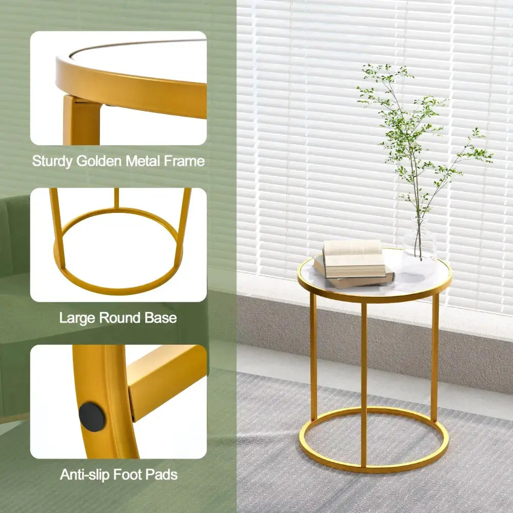 16 Inch Marble Top Round Side Table with Golden Metal Frame for Living Room Bedroom-Set of 2 Costway
