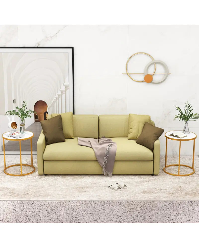 16 Inch Marble Top Round Side Table with Golden Metal Frame for Living Room Bedroom-Set of 2 - Golden - End & Side