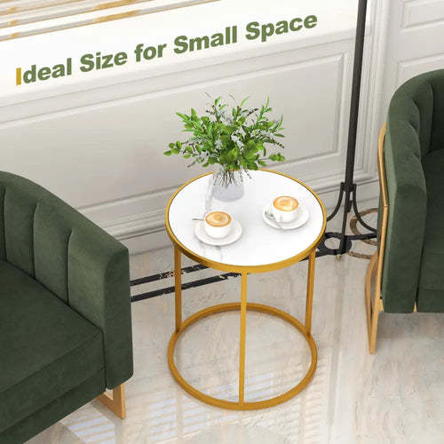 16 Inch Marble Top Round Side Table with Golden Metal Frame for Living Room Bedroom-Set of 2 - Golden - End & Side