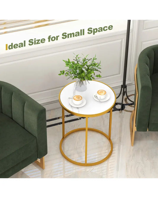 16 Inch Marble Top Round Side Table with Golden Metal Frame for Living Room Bedroom-Set of 2 - Golden - End & Side