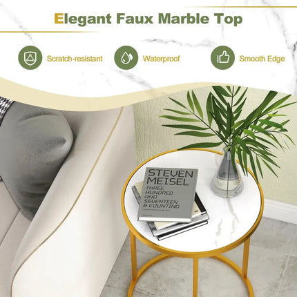 16 Inch Marble Top Round Side Table with Golden Metal Frame for Living Room Bedroom-Set of 2 Costway