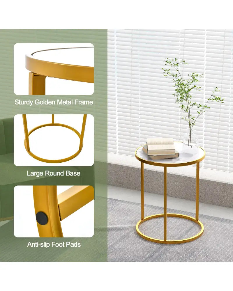 16 Inch Marble Top Round Side Table with Golden Metal Frame for Living Room Bedroom-Set of 2 - Golden - End & Side