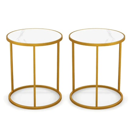 16 Inch Marble Top Round Side Table with Golden Metal Frame for Living Room Bedroom-Set of 2 Costway