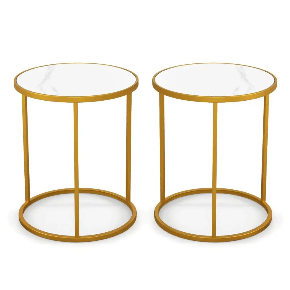 16 Inch Marble Top Round Side Table with Golden Metal Frame for Living Room Bedroom-Set of 2 Costway