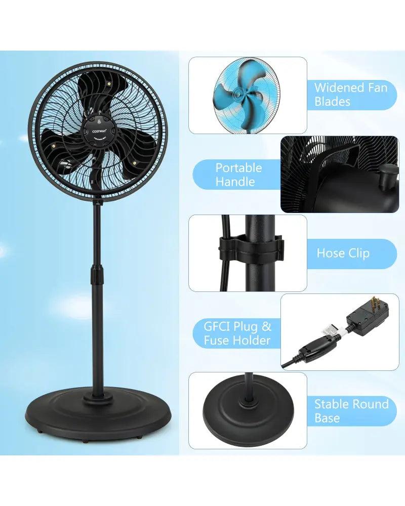 16 Inch Outdoor Misting Fan Oscillating Pedestal Fan with 3 Mist Levels-Black - Black - Fans