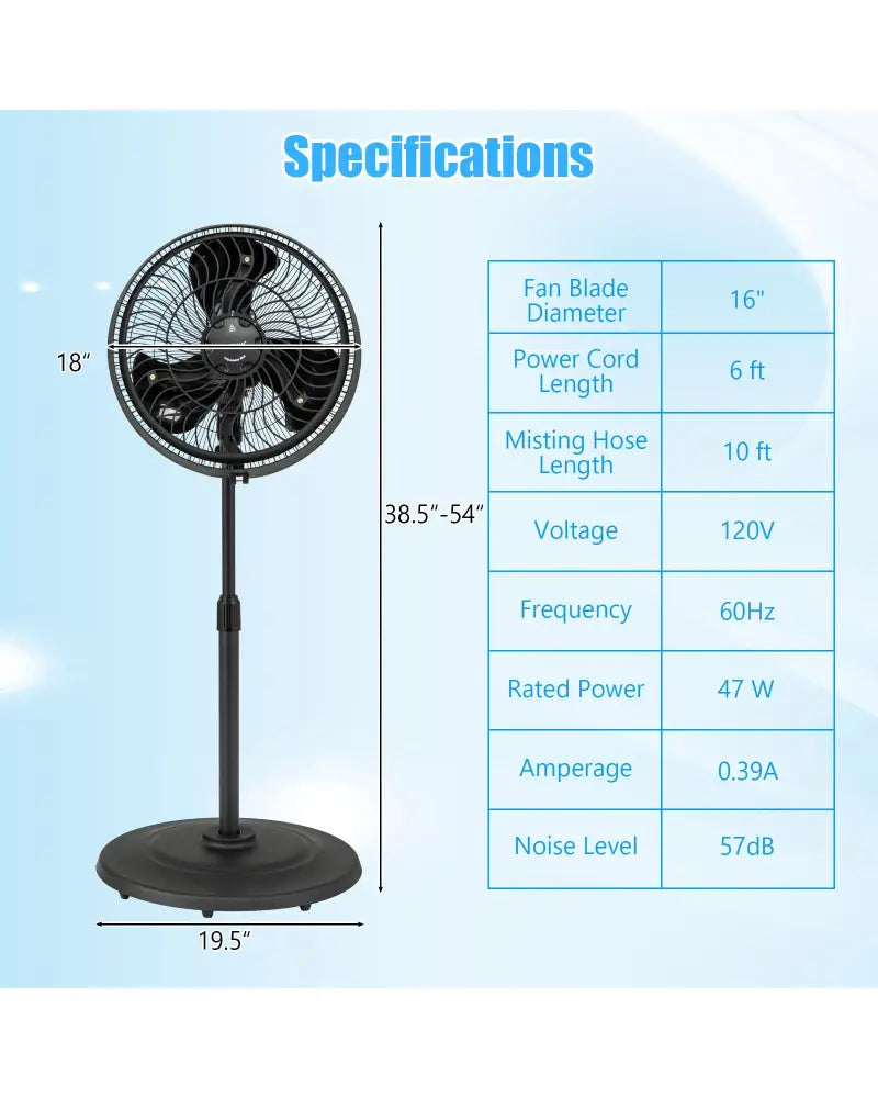 16 Inch Outdoor Misting Fan Oscillating Pedestal Fan with 3 Mist Levels-Black - Black - Fans