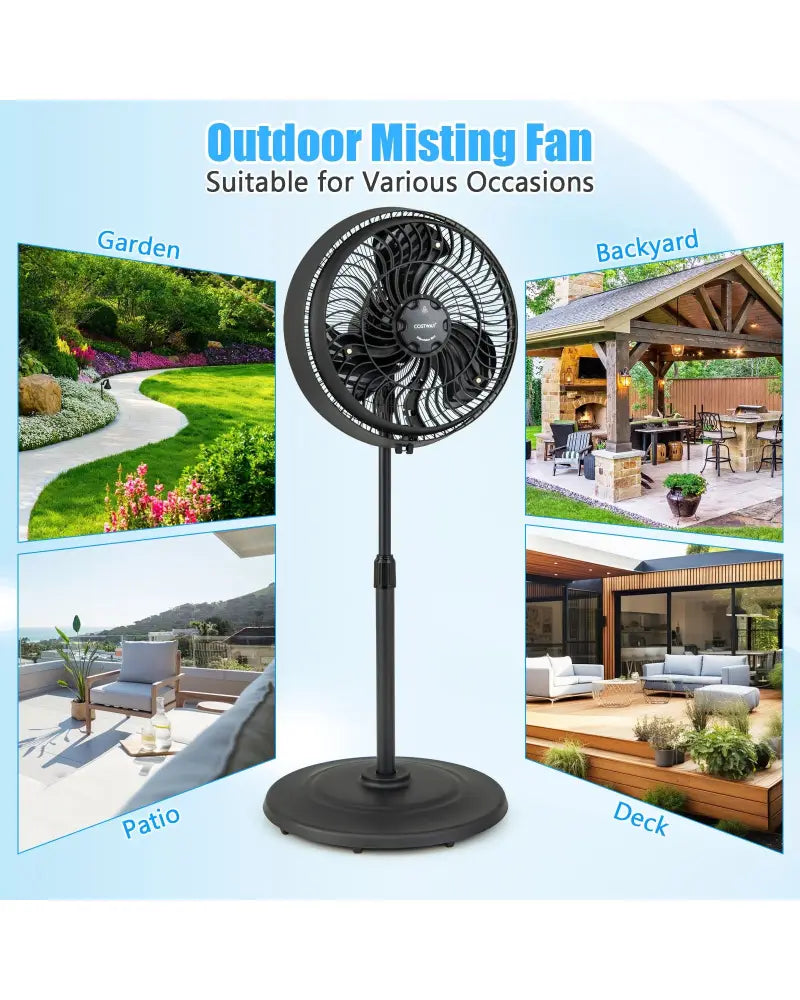 16 Inch Outdoor Misting Fan Oscillating Pedestal Fan with 3 Mist Levels-Black - Black - Fans
