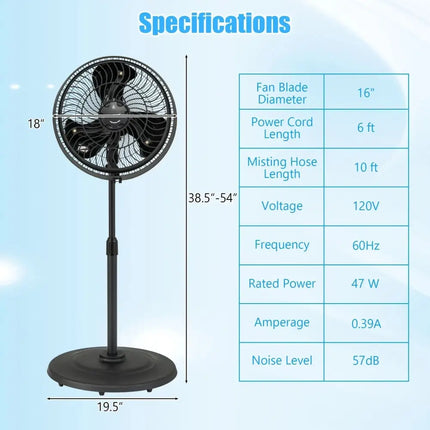 16 Inch Outdoor Misting Fan Oscillating Pedestal Fan with 3 Mist Levels-Black Costway