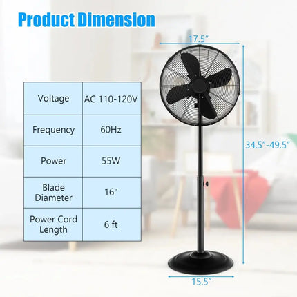 16 Inch Pedestal Standing Fan Oscillating Pedestal Fan with 3 Speeds and Adjustable Height-Black Costway