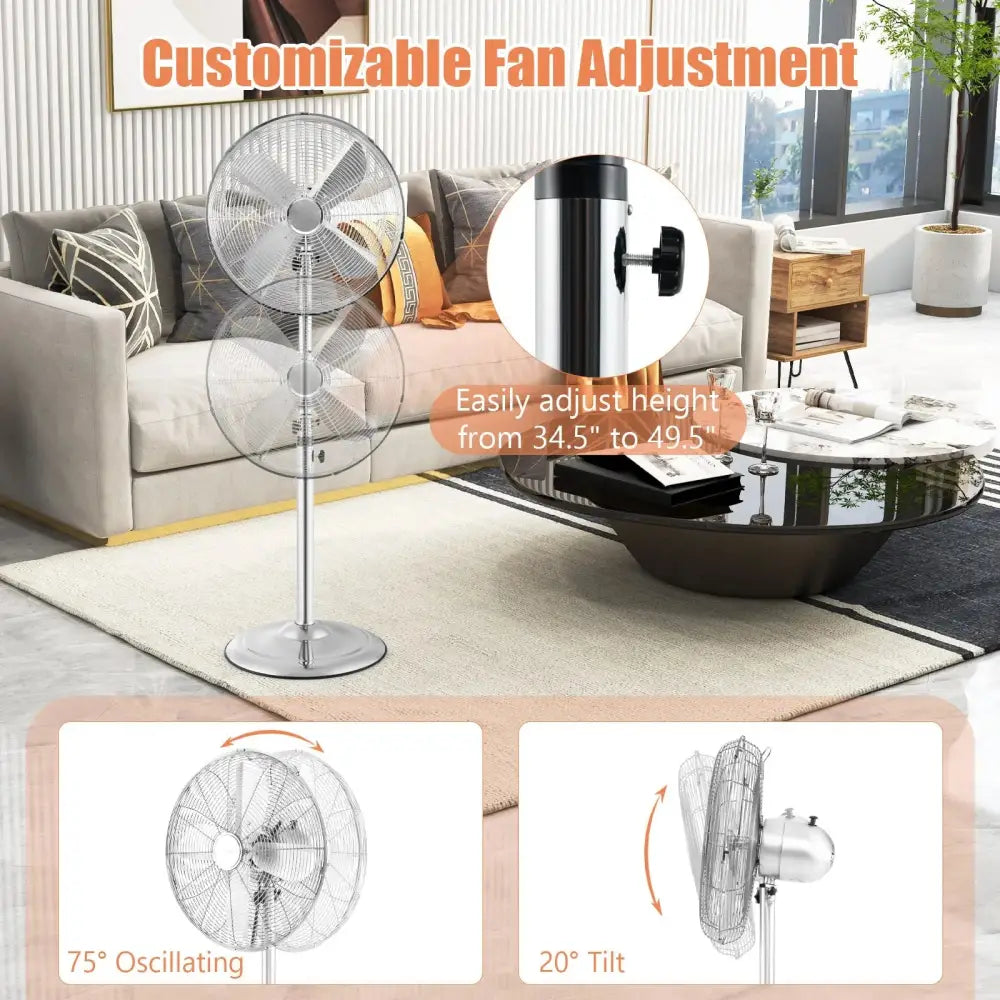 16 Inch Pedestal Standing Fan Oscillating Pedestal Fan with 3 Speeds and Adjustable Height-Silver Costway