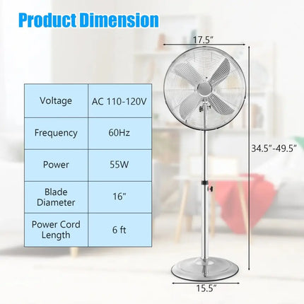 16 Inch Pedestal Standing Fan Oscillating Pedestal Fan with 3 Speeds and Adjustable Height-Silver Costway