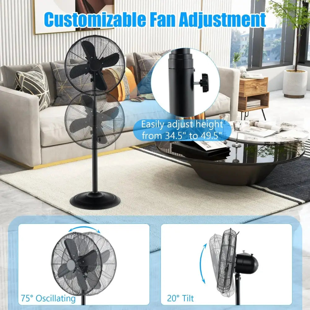 16 Inch Pedestal Standing Fan Oscillating Pedestal Fan with 3 Speeds and Adjustable Height-Black Costway