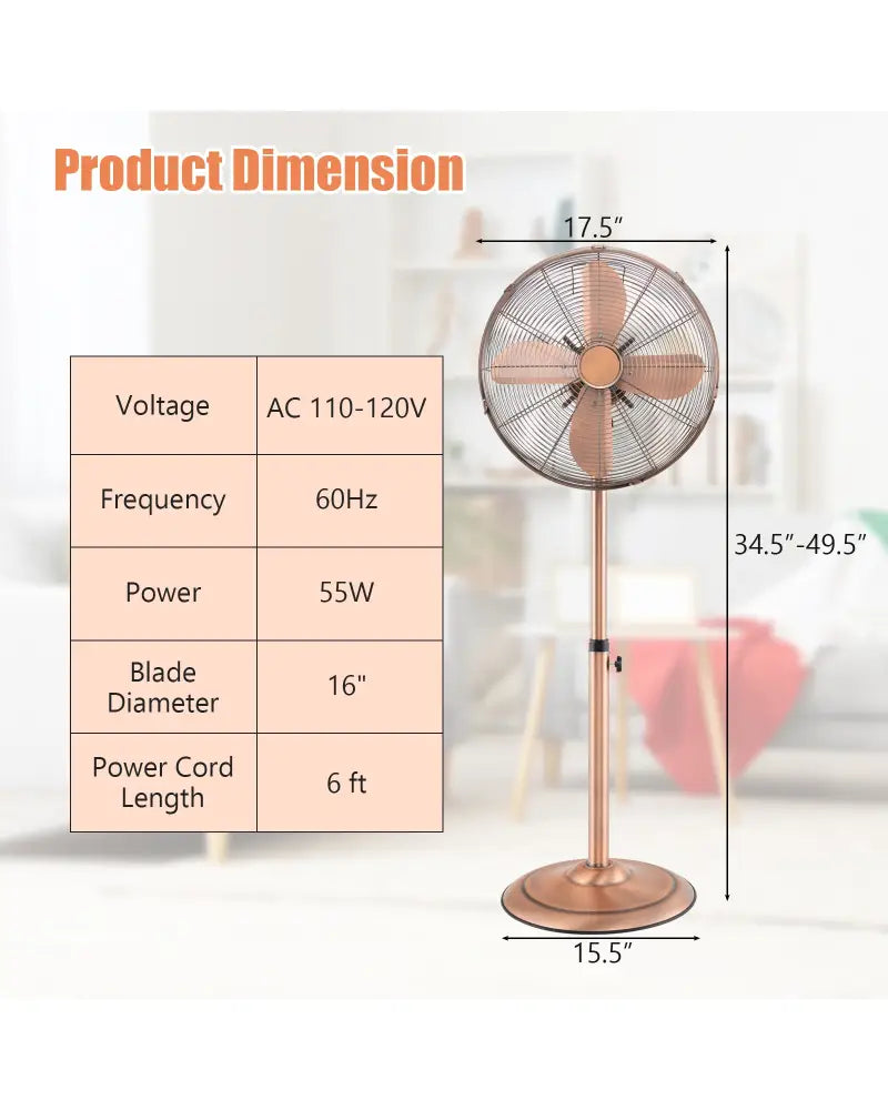 16 Inch Pedestal Standing Fan Oscillating Pedestal Fan with 3 Speeds and Adjustable Height-Copper - Copper - Fans