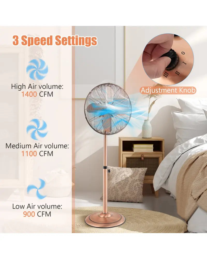 16 Inch Pedestal Standing Fan Oscillating Pedestal Fan with 3 Speeds and Adjustable Height-Copper - Copper - Fans