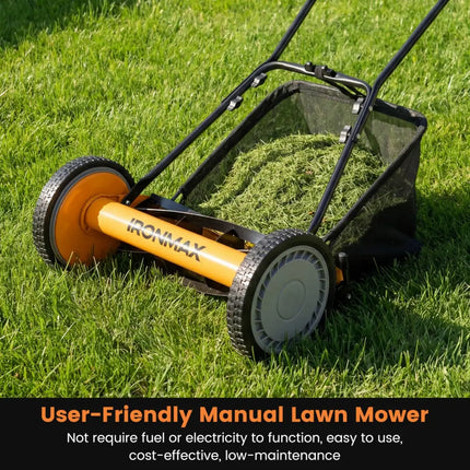 16 Inch Push Lawn Mower with 5 Steel Blades and Grass Catcher Bag-Orange - Orange - Lawn Care Tools