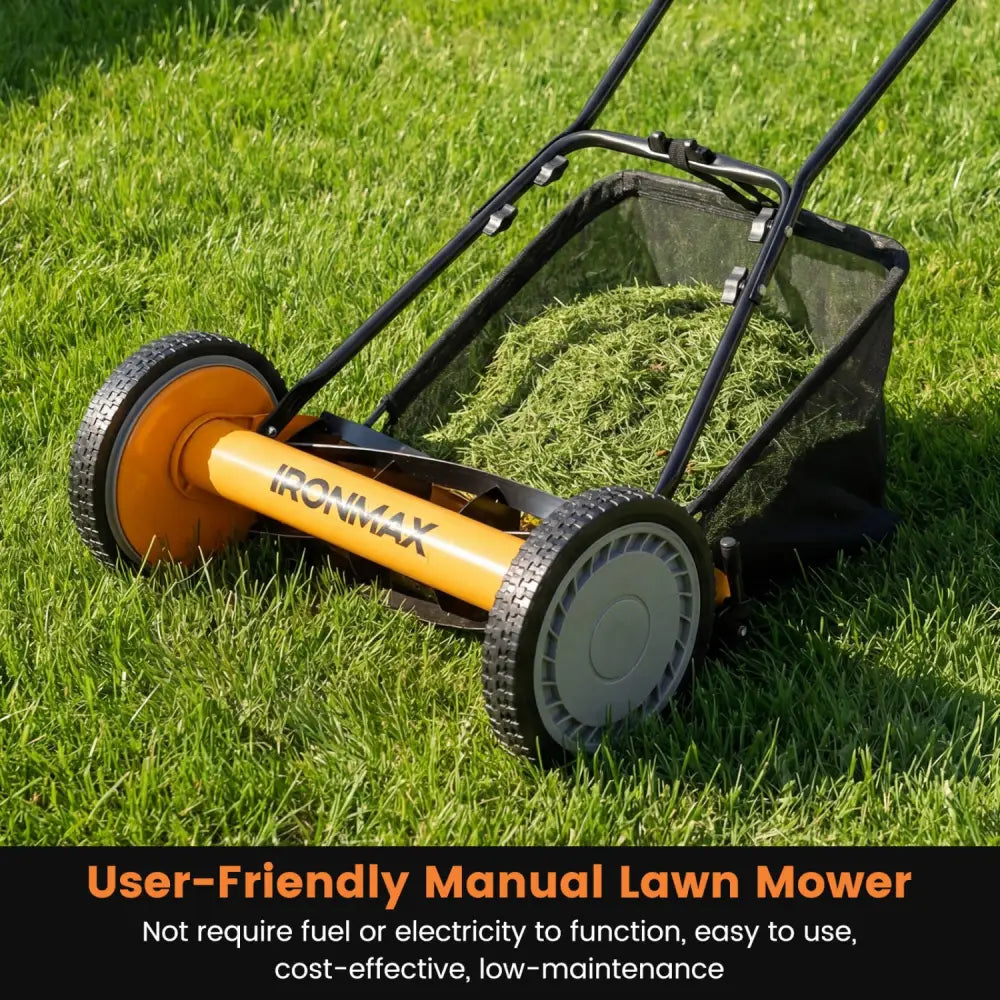 16 Inch Push Lawn Mower with 5 Steel Blades and Grass Catcher Bag-Orange - Orange - Lawn Care Tools