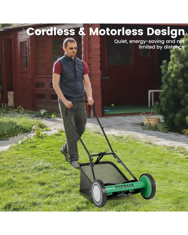 16 Inch Push Lawn Mower with 5 Steel Blades and Grass Catcher Bag-Green - Green - Lawn Care Tools